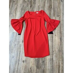 Calvin Klein Red Black Crepe Bell Sleeve Sheath Dress Knee Length Size 14